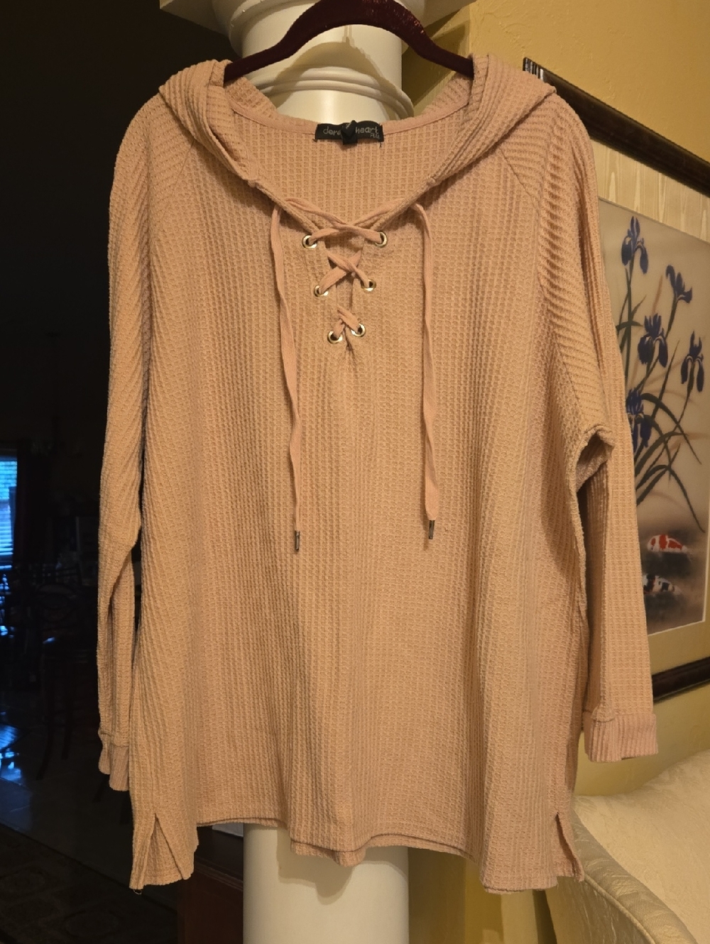 Derek Heart Blush Lace-Up Waffle Knit Hooded Long Sleeve Top Size 3X
